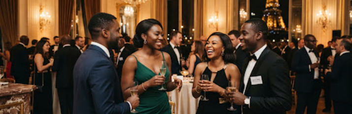 Photographie de la soirée de gala FASESIF, invités en tenue de soirée dans une salle de réception parisienne.