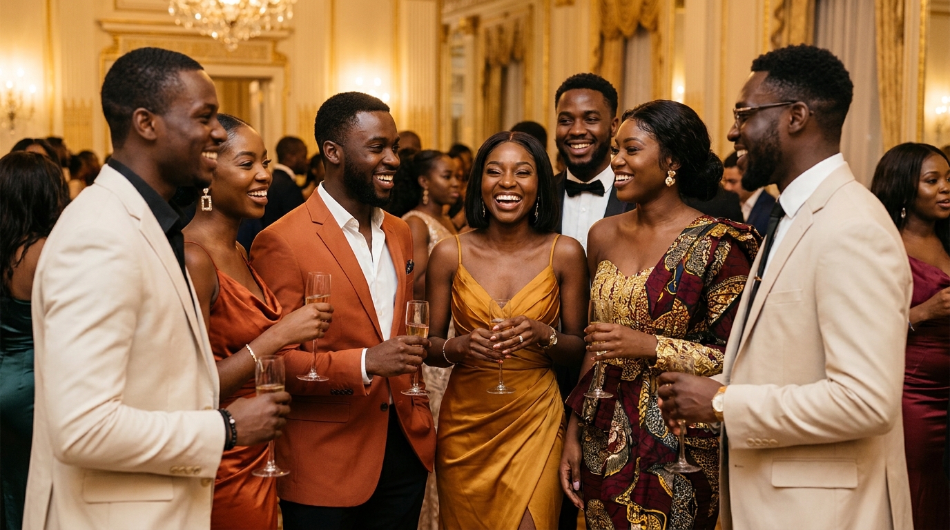 Invités en tenue de soirée dans une salle de bal parisienne illuminée par des lustres