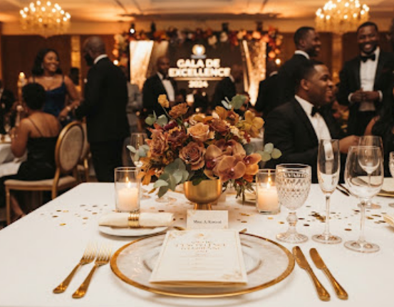 Table dressée pour le dîner de gala, avec centre de table floral et bougies, sur fond de salle de réception illuminée.